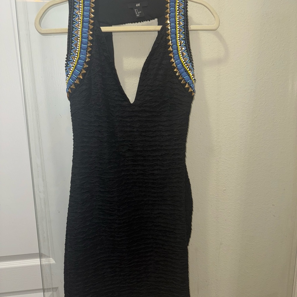 H&M Black Textured Dress with Blue Accents Size Small